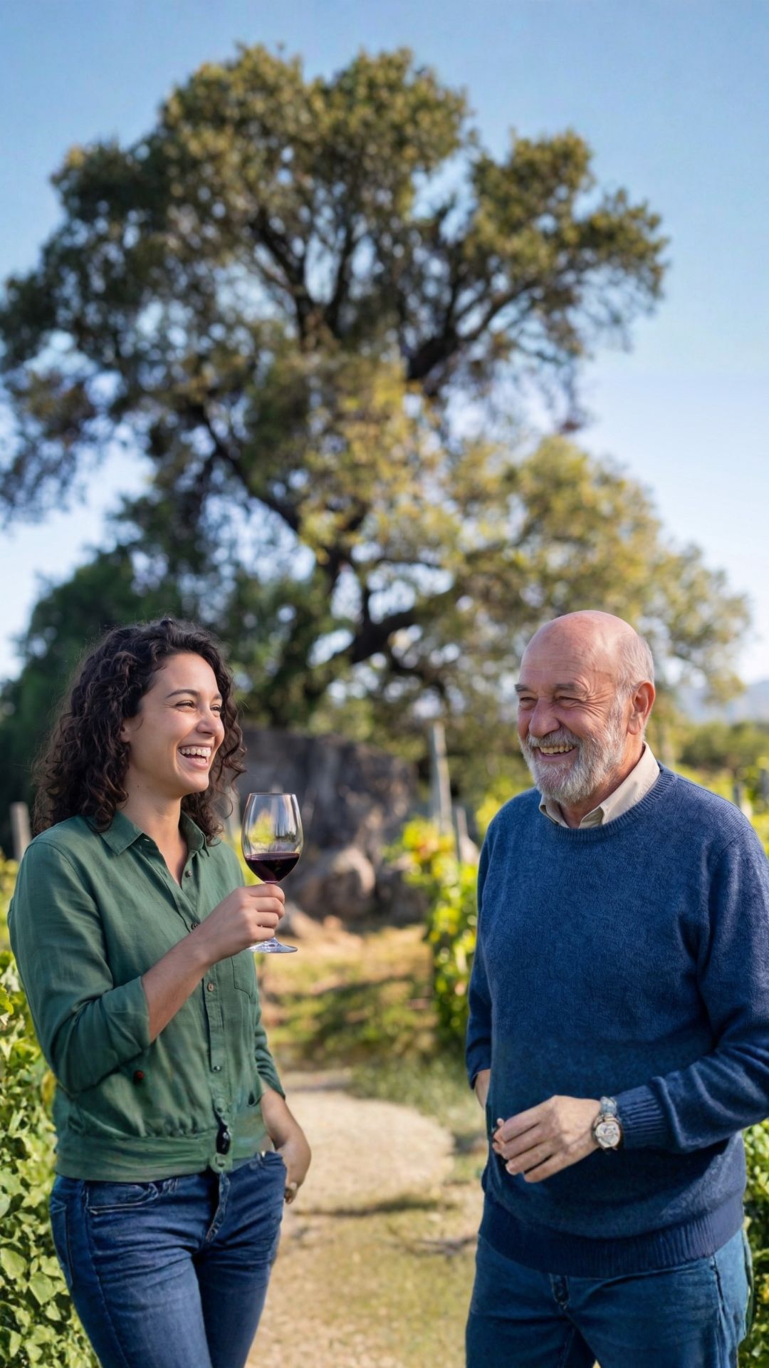 Padre e hija brindando en el viñedo de Achala