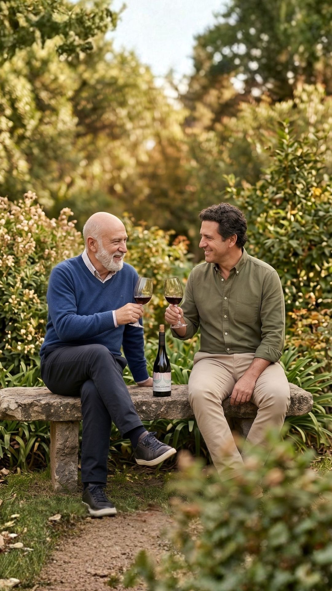 Padre e hijo brindando con Achala en el jardín
