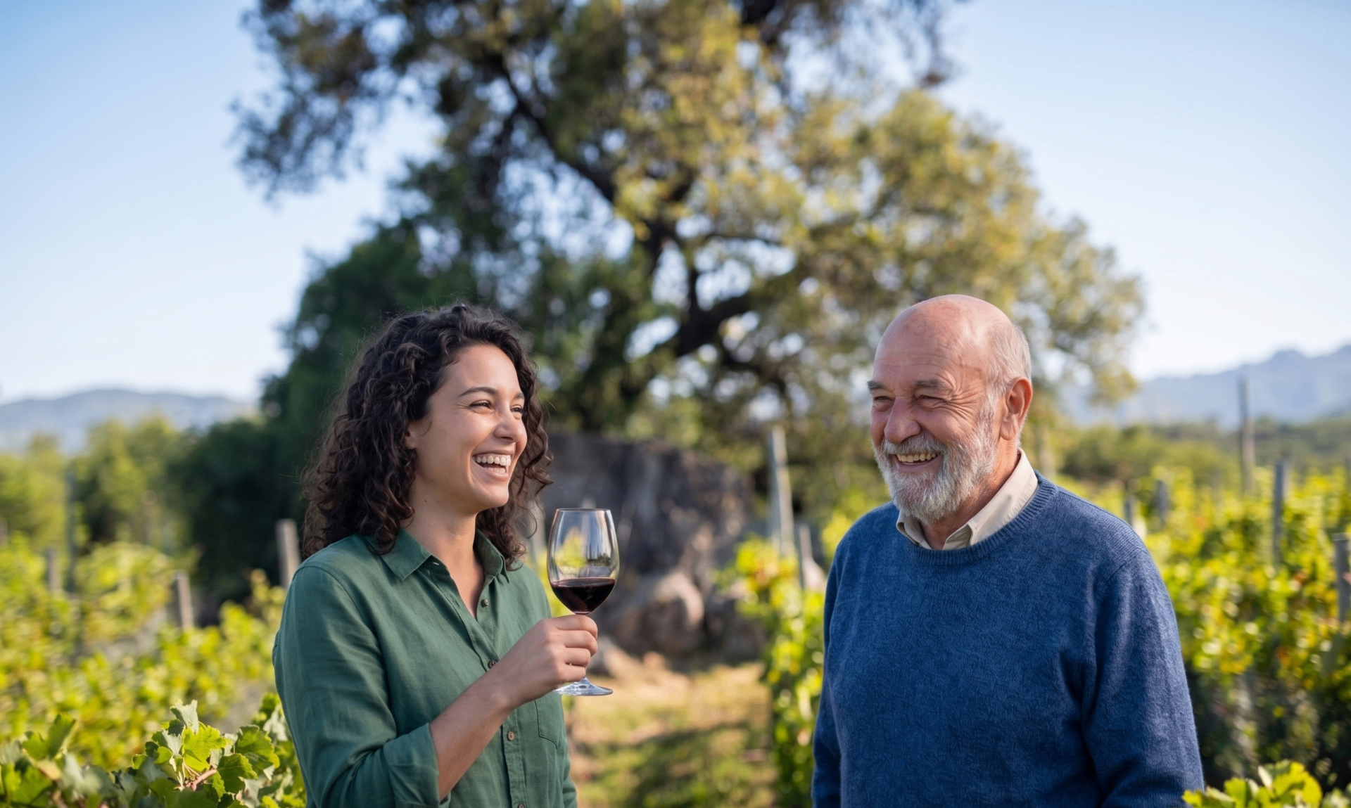 Padre e hija brindando en el viñedo de Achala